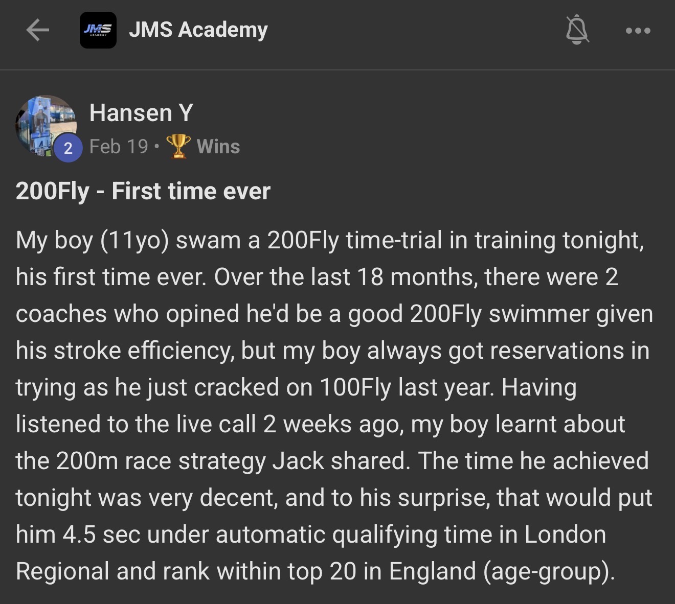 SWM swimmer or parent testimonial
